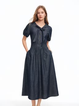 DUSHU Deep Sea Blue V-Neck Tie Strap Jean Dress 2026 Summer New Arrival Elegant Fashion Cotton Contain High-Waisted Long Dress