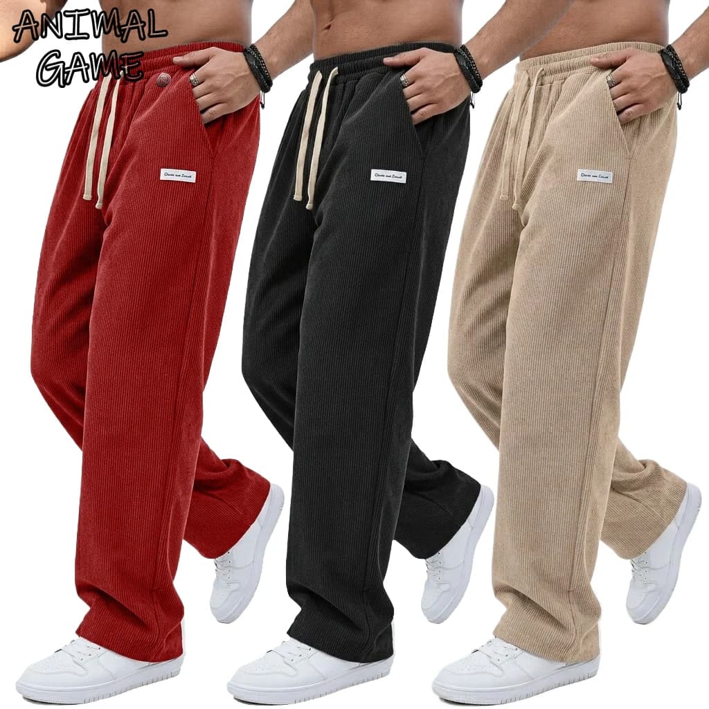 Outdoor Men's Casual Pants Drawstring Elastic Waist Straight Trousers Corduroy Sweatpants Baggy Gym Man Jogger Men's Work Pants
