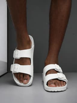 Summer Men's Casual Simple Solid Color Eva One-Piece Adjustable Buckle Double-Strap Plastic Slip-On Flat Adjustable Beach Sandals Suitable for Home and Outdoor Use