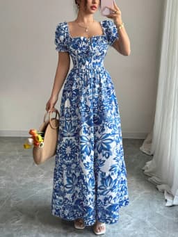 Women's Casual Dresses Puff Sleeve Floral Print Tie Front Dress Boho Dress Vacation Beach Picnic Date Party Summer Dress