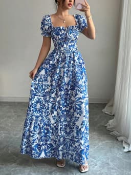 Women's Casual Dresses Puff Sleeve Floral Print Tie Front Dress Boho Dress Vacation Beach Picnic Date Party Summer Dress