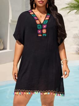 MOXDOWomen's Plus Size Bohemian Crochet Beach Dress, Loose Flowy Vacation Cover-up with Tassels