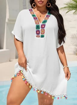 MOXDOWomen's Plus Size Bohemian Crochet Beach Dress, Loose Flowy Vacation Cover-up with Tassels