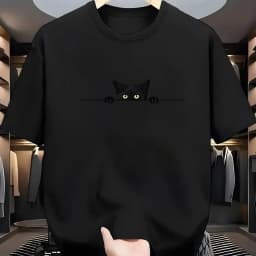Korean Style Cute Peeking Black Cat Print T-Shirt Minimalist Casual Short Sleeve Top for Men Women Retro Street Style Versatile
