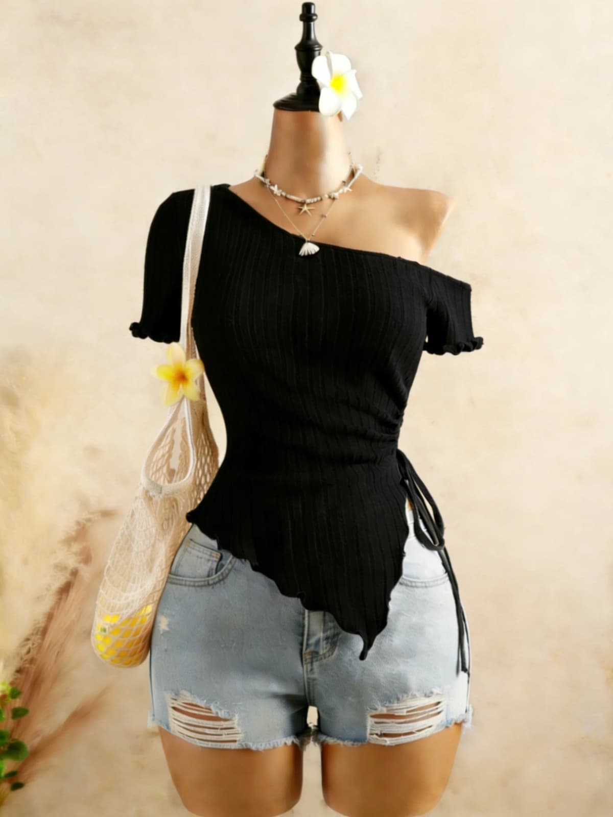 Women Ribbed One Shoulder Asymmetrical Top Casual Short Sleeve Ruffle Hem Drawstring Ruched Top