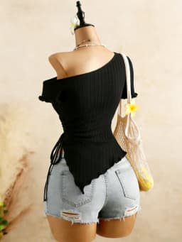 Women Ribbed One Shoulder Asymmetrical Top Casual Short Sleeve Ruffle Hem Drawstring Ruched Top