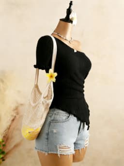 Women Ribbed One Shoulder Asymmetrical Top Casual Short Sleeve Ruffle Hem Drawstring Ruched Top