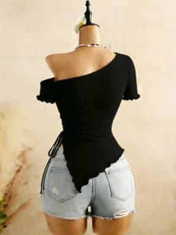 Women Ribbed One Shoulder Asymmetrical Top Casual Short Sleeve Ruffle Hem Drawstring Ruched Top