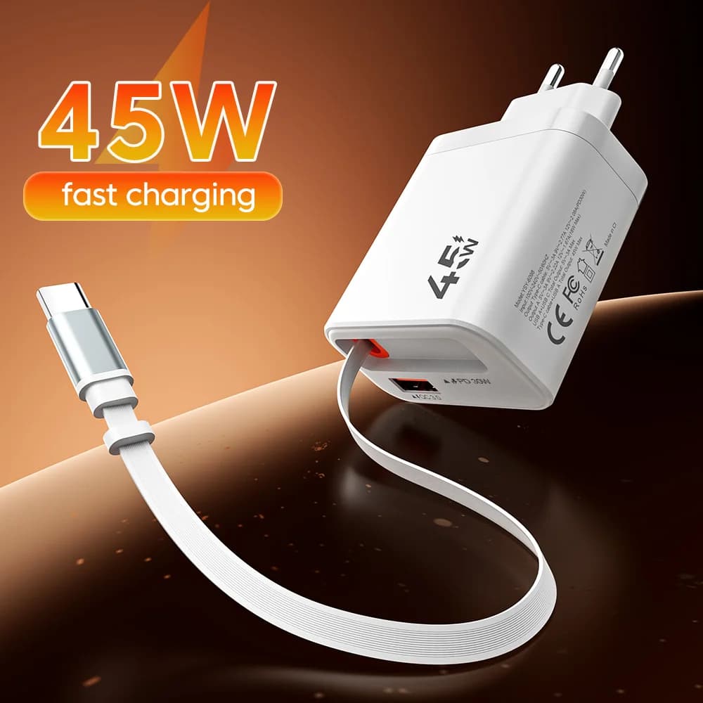 45w Charger 15wUSB + PD30w Type-C Retractable Wire Fast Charging Phone Adapter For iPhone 15-17 Xiaomi Samsung Huawei Cellphones