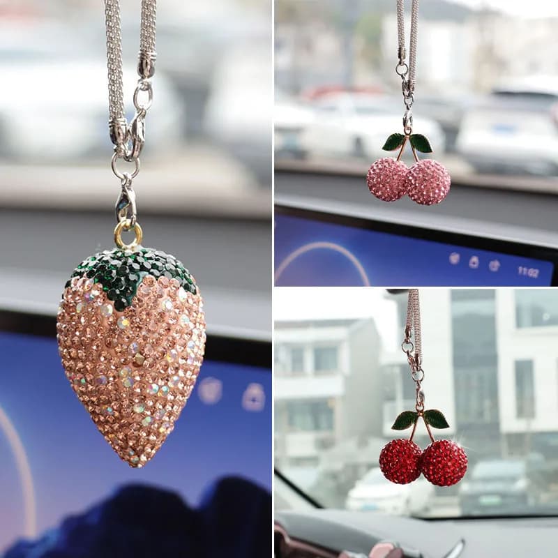 Cherry & Strawberry Car Interior Rhinestone Hanging Charm - Car Decor Accessories & Pendant