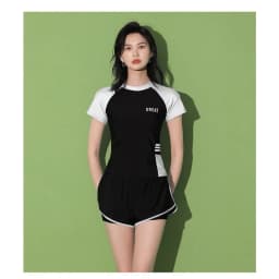 Sports Two-piece Swimsuit with Short Sleeves High Waisted Double Layered Shorts Suitable for Beach Swimming Pool Training