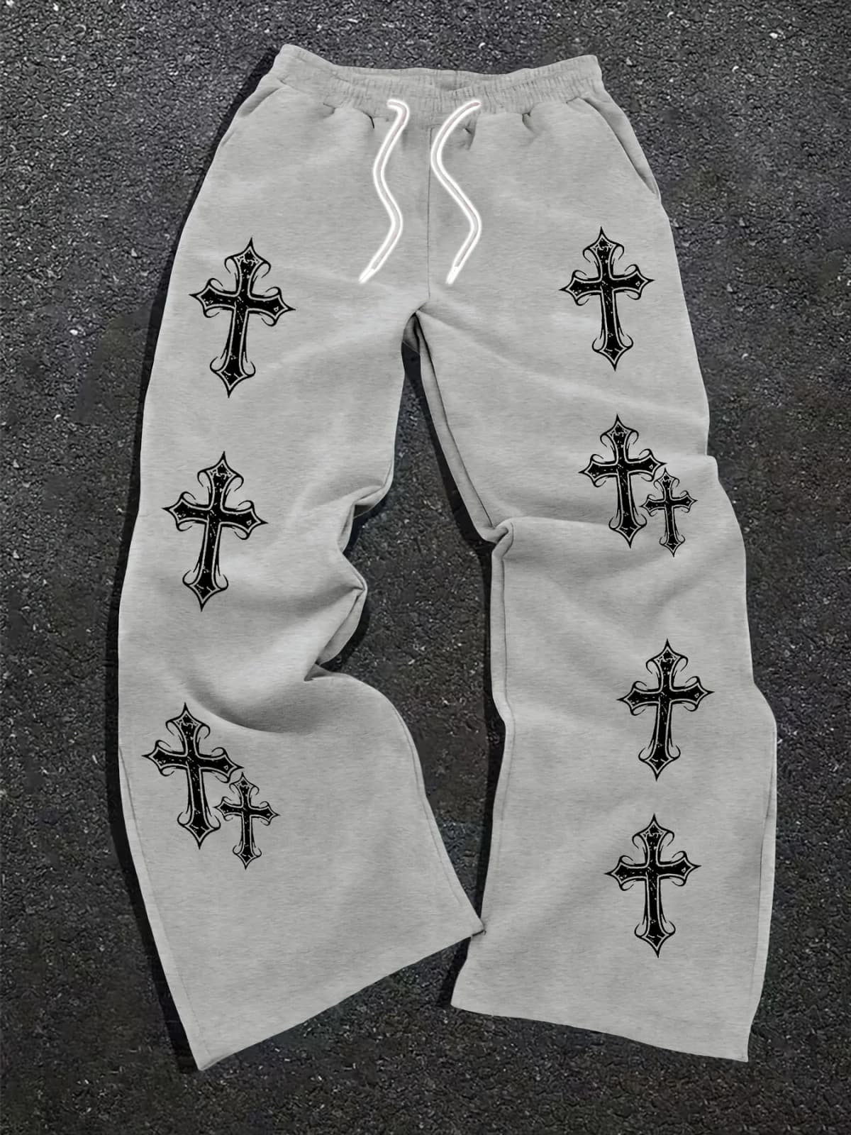 2026 Summer Kids Quick Dry Loose Pants Grey Black Gothic Cross Print Drawstring Elastic Waist Fashion Casual Streetwear Trousers