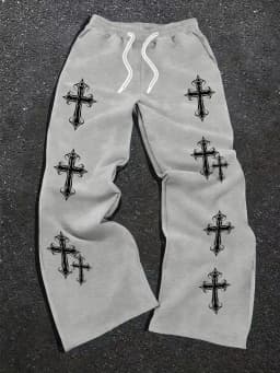 2026 Summer Kids Quick Dry Loose Pants Grey Black Gothic Cross Print Drawstring Elastic Waist Fashion Casual Streetwear Trousers