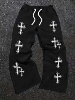 2026 Summer Kids Quick Dry Loose Pants Grey Black Gothic Cross Print Drawstring Elastic Waist Fashion Casual Streetwear Trousers