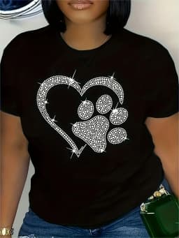 Rhinestone Heart Paw Print Women's Tee - Sparkly Pet Love Graphic, Casual Black Top Printing RoundNeck T-shirts Clothing