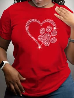 Rhinestone Heart Paw Print Women's Tee - Sparkly Pet Love Graphic, Casual Black Top Printing RoundNeck T-shirts Clothing