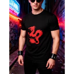 Men's Dean Blunt Zushi Print T-Shirt - Eye-catching Red Dragon Pattern Short-Sleeve Shirt, Pure Cotton Couple All-Season T-Shirt