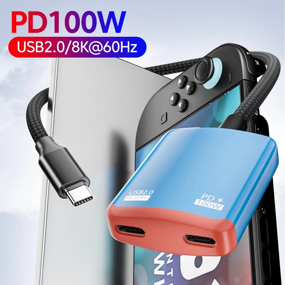 USB C 2 in 1 Converter PD100W Charging 8K@60Hz Video Full-Function Charging Transmission Line Suitable for AR XR Glasses Laptop