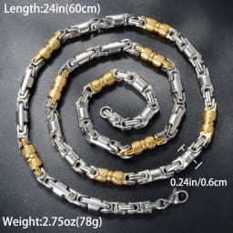 Mens Vintage Punk Textured Cylinder Link Necklace 18K Gold Plated Stainless Steel Two Tone Gold Silver Hip Hop Jewelry for Daily