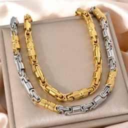 Mens Vintage Punk Textured Cylinder Link Necklace 18K Gold Plated Stainless Steel Two Tone Gold Silver Hip Hop Jewelry for Daily