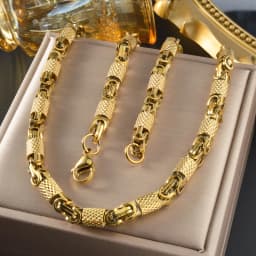 Mens Vintage Punk Textured Cylinder Link Necklace 18K Gold Plated Stainless Steel Two Tone Gold Silver Hip Hop Jewelry for Daily