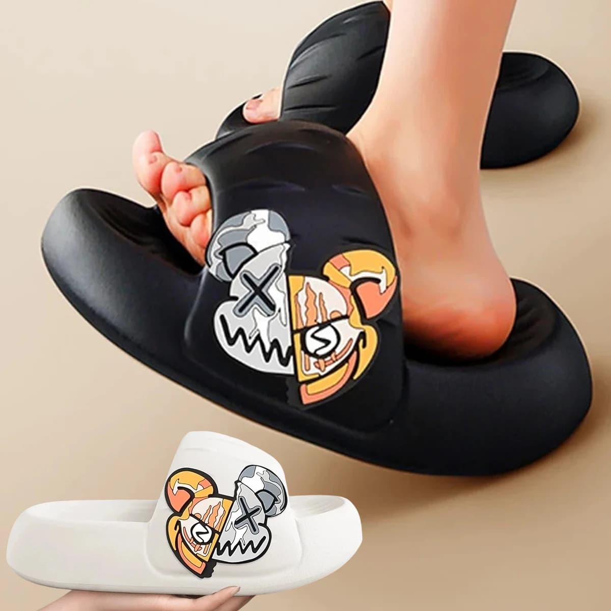 Women's House BathSlippers Thick Sole Personality Cool Bear Pattern Design Casual Fashion Black White Beach IndoorSummer Couple