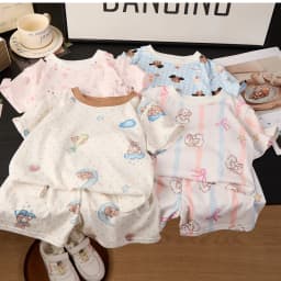 Girls Boys Cartoon Print Sweet Pajamas Short Sleeve Round Neck T-shirt+pants Sleepwear Kids Summer Casual Clothing Sets Pyjama