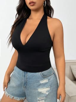Plus Size Women's Halter Neck Deep V Crop Top Sleeveless Backless Top