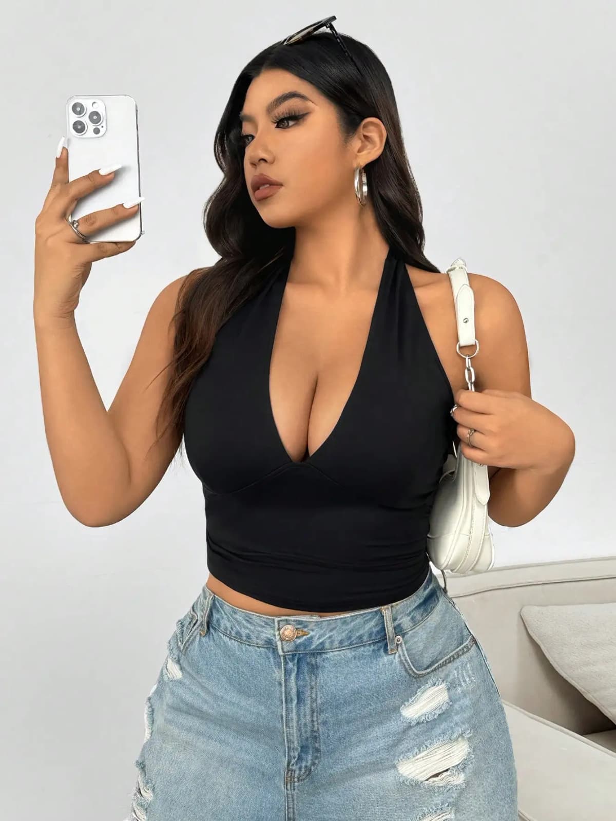 Plus Size Women's Halter Neck Deep V Crop Top Sleeveless Backless Top