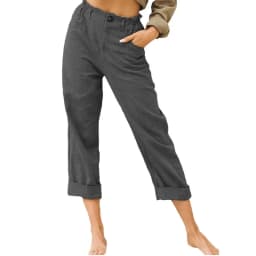 2026 Boho Linen Blend Cropped Pants for Women High Elastic Waist Button Fly Rolled Hem Trousers with Side Pockets