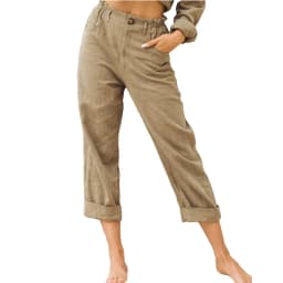 2026 Boho Linen Blend Cropped Pants for Women High Elastic Waist Button Fly Rolled Hem Trousers with Side Pockets