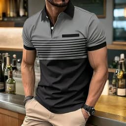 European and American Men's Summer Fashion Simple Striped Print Comfortable Breathable Polo Short Sleeved T-Shirt Outdoor Casual