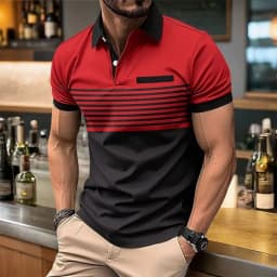 European and American Men's Summer Fashion Simple Striped Print Comfortable Breathable Polo Short Sleeved T-Shirt Outdoor Casual