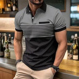 European and American Men's Summer Fashion Simple Striped Print Comfortable Breathable Polo Short Sleeved T-Shirt Outdoor Casual