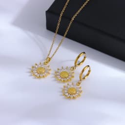 Sweet Sexy Zircon Crystal Sunflower Necklace Earrings For Women Luxury 18K Gold Plated Female Stainless Steel Jewelry Set Female