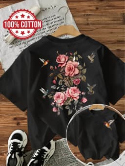 100% Cotton Women'S Floral with Bird Print T-Shirt Casual Round Neck Short Sleeve Tee Flowers Vintage Design Ladies T Shirts