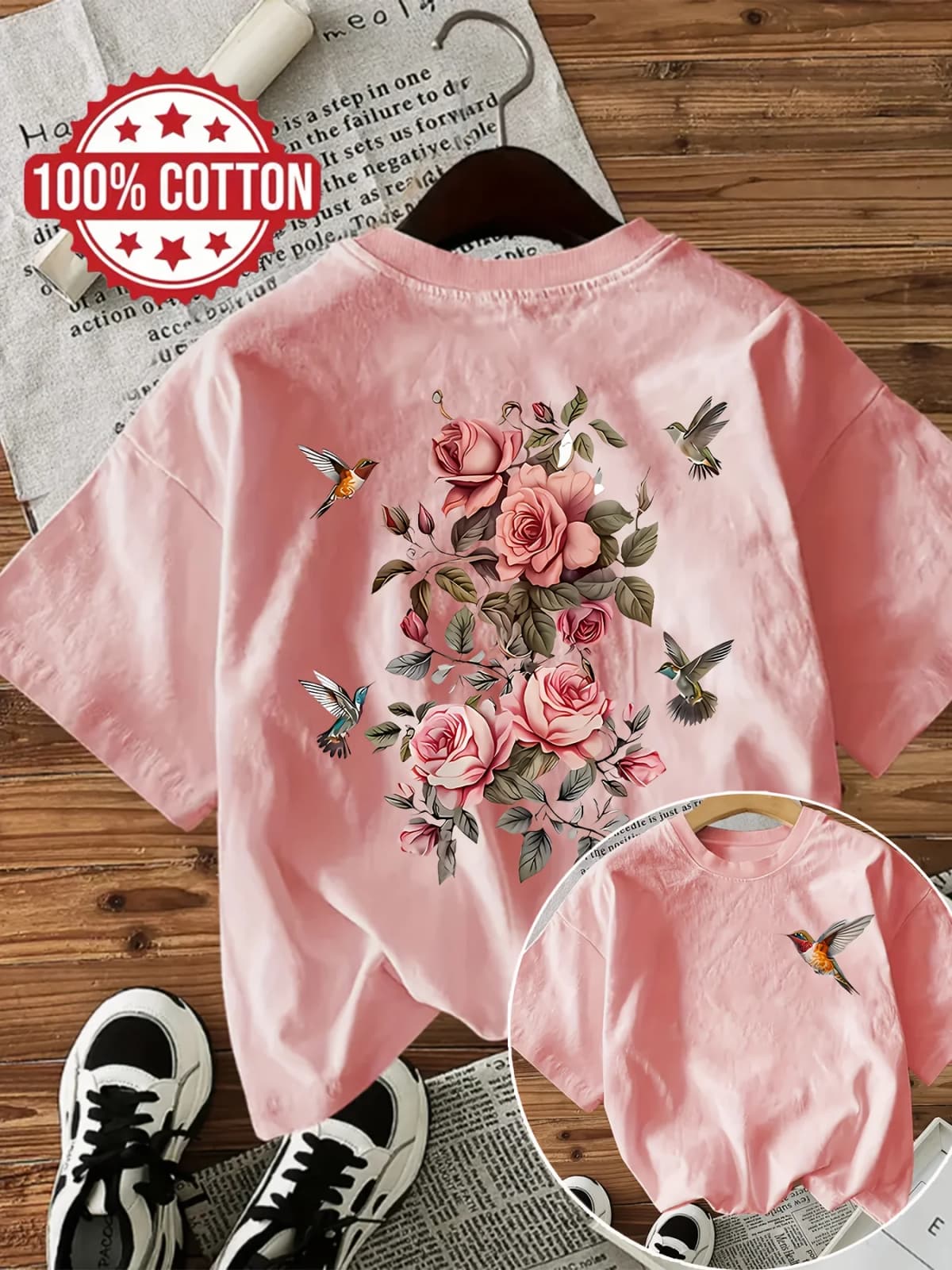 100% Cotton Women'S Floral with Bird Print T-Shirt Casual Round Neck Short Sleeve Tee Flowers Vintage Design Ladies T Shirts
