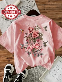 100% Cotton Women'S Floral with Bird Print T-Shirt Casual Round Neck Short Sleeve Tee Flowers Vintage Design Ladies T Shirts