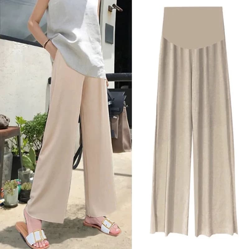 Summer Ice Silk Maternity Wide Leg Pants Loose Pleated Nine Points Thin Cool Comfortable for Pregnant Women