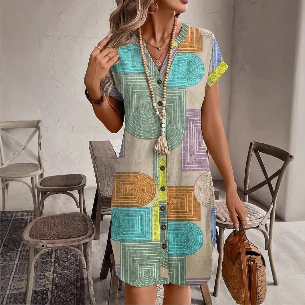 European and American women's clothing foreign summer geometric printing elegant V-neck button up dress