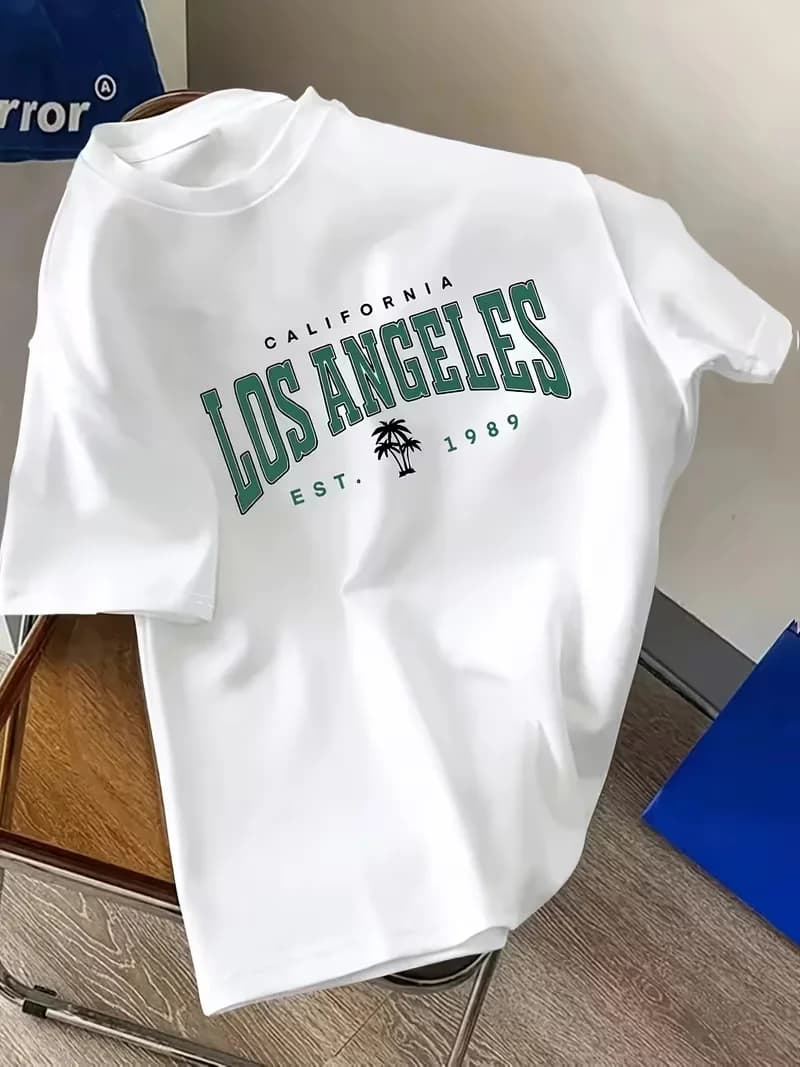 White Fashion T-Shirt Los Angeles Letter Print Casual Versatile Suitable for Daily Sports and Vacation Wear Fashion