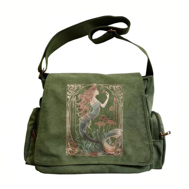 Vintage Womens Messenger Bag Canvas Mermaid Print Large Capacity Multiple Pockets Crossbody Travel Laptop Bag