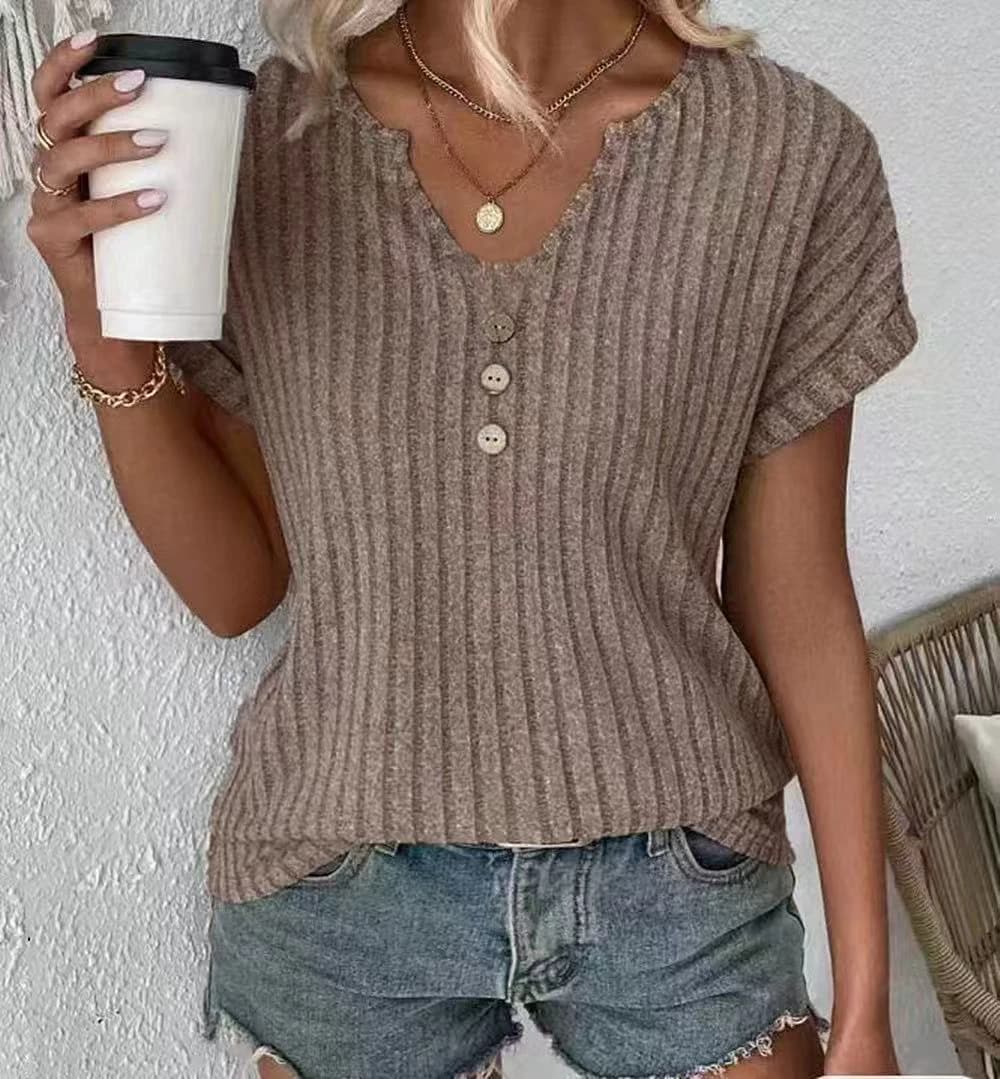 Women's Ribbed Knit V-Neck Short Sleeve Henley T-Shirt - Casual Loose Fit Button Down Blouse