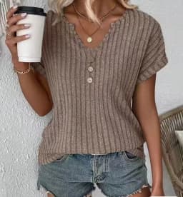Women's Ribbed Knit V-Neck Short Sleeve Henley T-Shirt - Casual Loose Fit Button Down Blouse