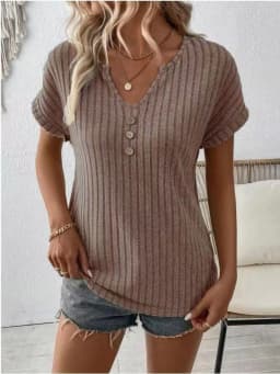 Women's Ribbed Knit V-Neck Short Sleeve Henley T-Shirt - Casual Loose Fit Button Down Blouse