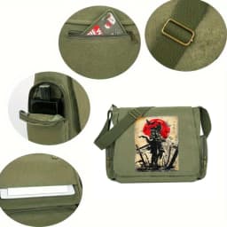 Retro Mens Messenger Bag Canvas Samurai Print Large Capacity Laptop Bag Daily Shoulder Crossbody Bag