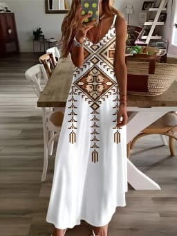 Casual Geometric Tribal Print V Neck Dress for Women Summer 2024 Trendy A Line Midi Dress Fashion Streetwear Vacation Outfit