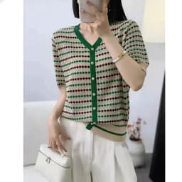 Outlet V-ne Stripe ort Sve Women's Summer Ice Silk Knitted Top Casual Loose Fit Bright Tead Soft Polyester Fiber