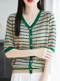 Outlet V-ne Stripe ort Sve Women's Summer Ice Silk Knitted Top Casual Loose Fit Bright Tead Soft Polyester Fiber