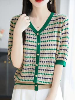 Outlet V-ne Stripe ort Sve Women's Summer Ice Silk Knitted Top Casual Loose Fit Bright Tead Soft Polyester Fiber